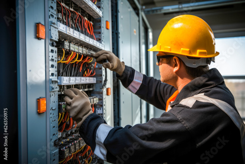 Male commercial electrician at work on a fuse box, adorned in safety gear, demonstrating professionalism © MVProductions