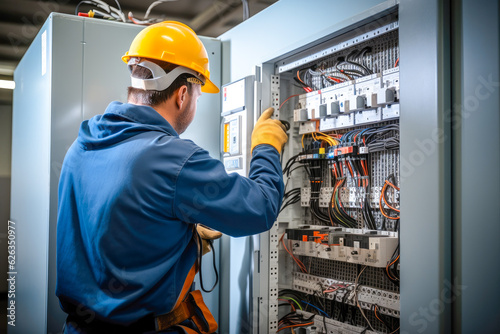 Male commercial electrician at work on a fuse box, adorned in safety gear, demonstrating professionalism