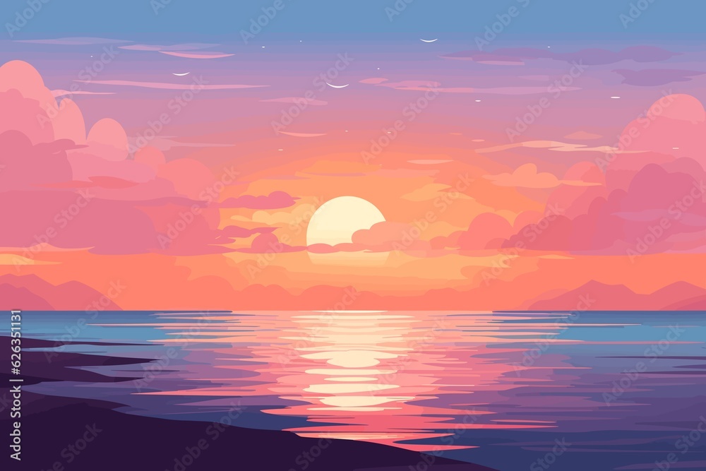 Summer sea sunset flat landscape illustration