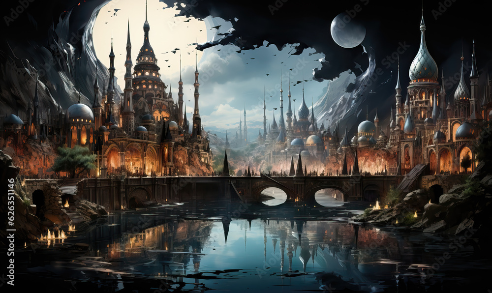 Galactic fantasy landscape. Cityscape of an alien planet.