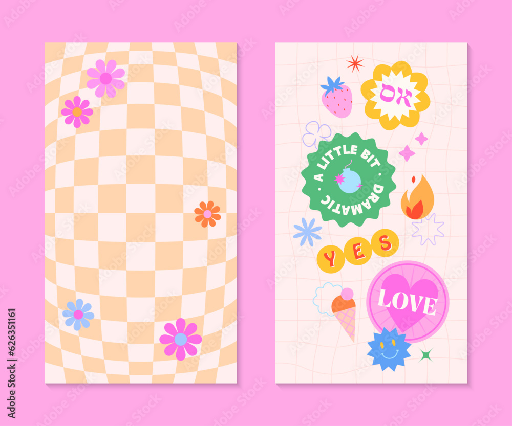 Vector insta story templates with patches and stickers in 90s style.Smm banners in y2k aesthetic with chess background.Psychedelic funky designs for social media marketing,branding,packaging