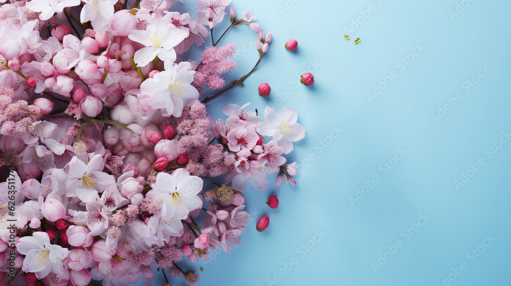 Bouquet of beautiful spring flowers on pastel blue table top view. Generative Ai Bouquet of beautiful spring flowers on pastel blue table top view. Generative Ai