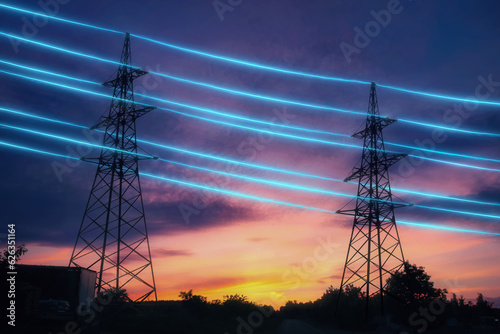 Fotografie, Obraz Electricity transmission towers with orange glowing wires the starry night sky