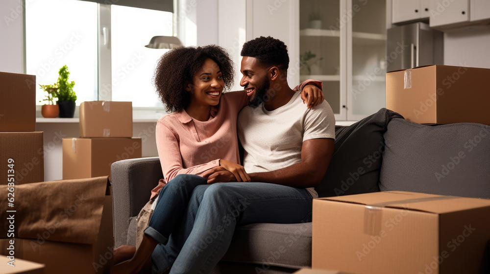 Young couple sits on a couch in a new house or apartment surrounded by boxes from moving. Created with Generative AI technology.