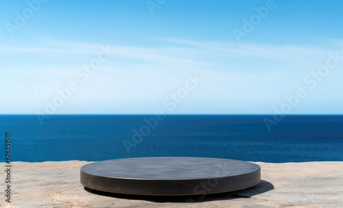 Empty round black podium on stone platform with sea and blue sky background for product display
