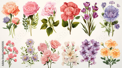 Collection of beautiful colorful flowers isolated on white background. Generative Ai