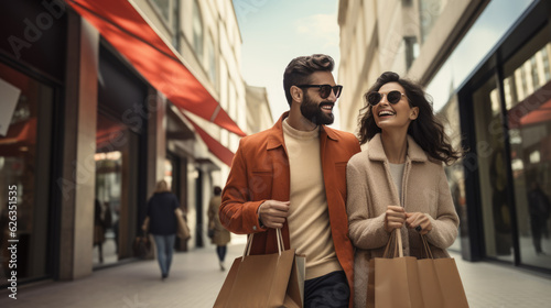 Young couple is shopping at the mall. Created with Generative AI technology.