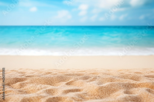 Tropical beach with sand and turquoise seascape background.