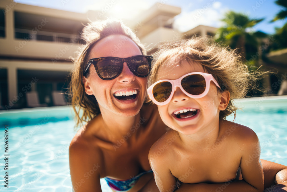 Mother and daughter enjoying a summer afternoon in a swimming pool, both wearing sunglasses and smiling Mother and daughter enjoying a summer afternoon in a swimming pool, both wearing sunglasses and smiling