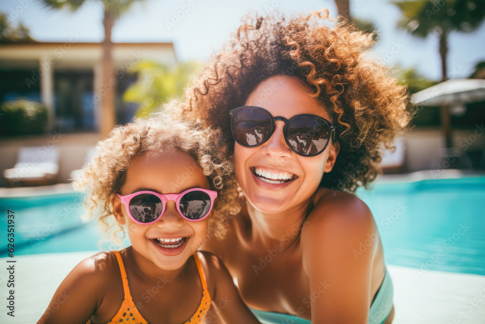 Mother and daughter enjoying a summer afternoon in a swimming pool, both wearing sunglasses and smiling Mother and daughter enjoying a summer afternoon in a swimming pool, both wearing sunglasses and smiling