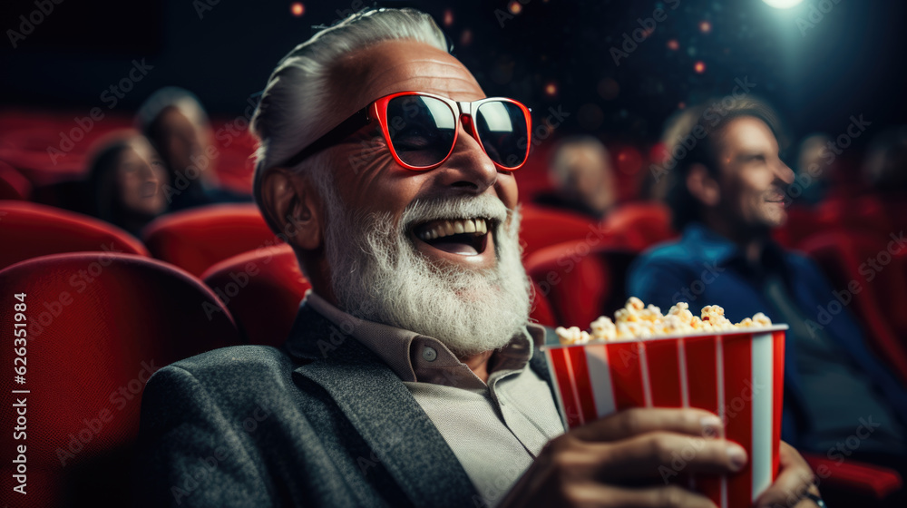 An elderly man is sitting in a movie theater with popcorn watching a movie. An elderly man is sitting in a movie theater with popcorn watching a movie.