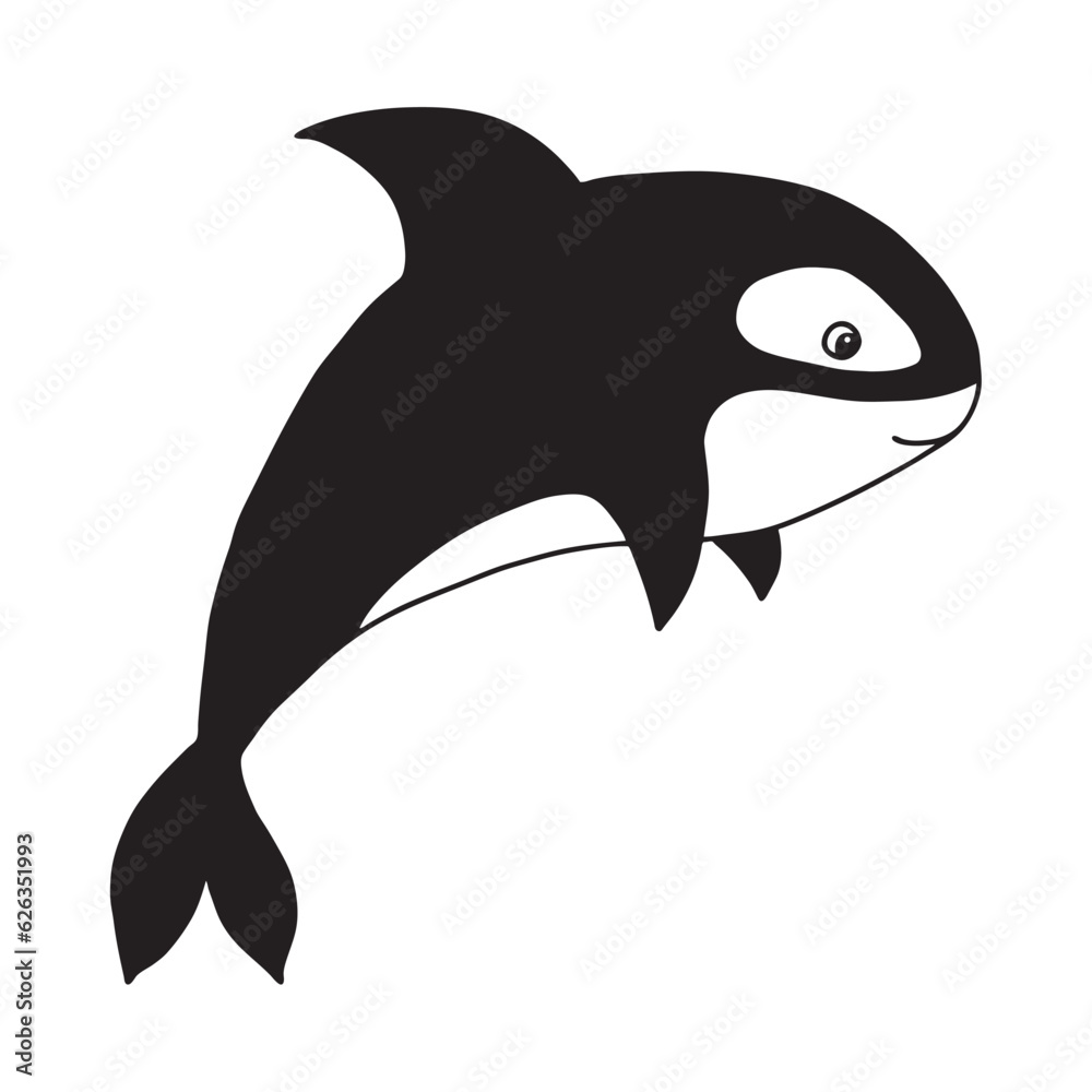 Fototapeta premium Cute cartoon killer whale isolated on white background. Child vector illustration in doodle style
