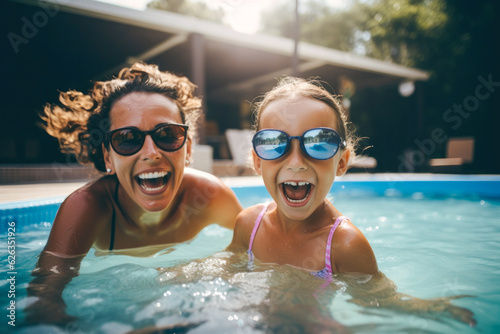 Mother and daughter enjoying a summer afternoon in a swimming pool, both wearing sunglasses and smiling © MVProductions
