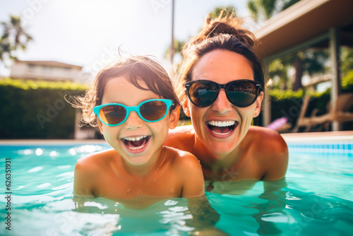 Mother and daughter enjoying a summer afternoon in a swimming pool, both wearing sunglasses and smiling