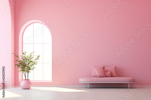 Pink doll inspired minimalist interior with copy space, AI generated