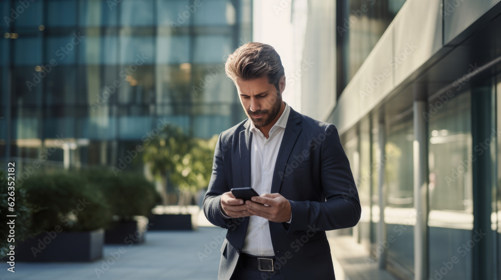 Businessman on the street surrounded by office buildings. Created with Generative AI technology. Businessman on the street surrounded by office buildings. Created with Generative AI technology.