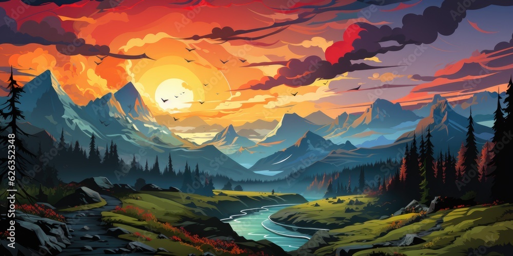 A painting of a mountain scene with a river. Digital image. A painting of a mountain scene with a river. Digital image.