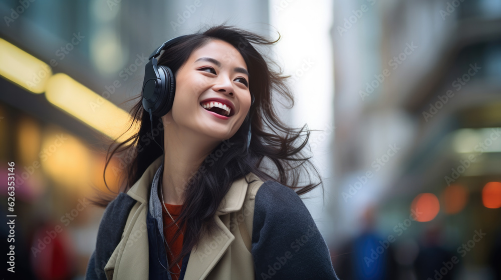 Young Asian girl wearing headphones listening to music in the ...