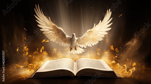 Open Christian book ,open bible with glowing lights, Holy Spirit, Generative AI