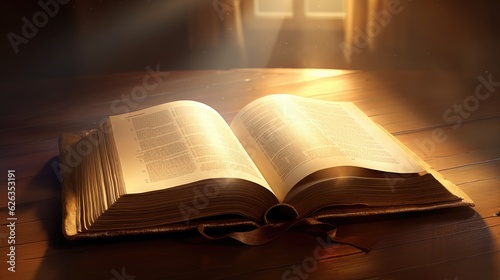 Open Christian book ,open bible with glowing lights, Generative AI