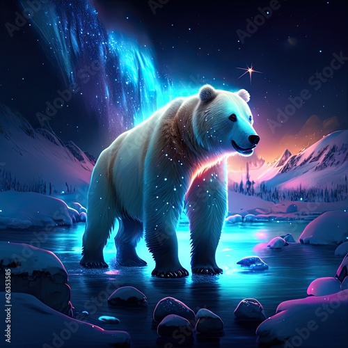 Illustration of polar bear in the night sky. 3d rendering generative AI
