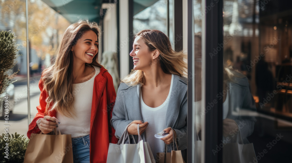 Two girlfriends stands on the street with bags while shopping. Created with Generative AI technology.