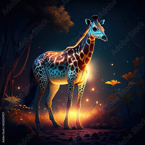 Giraffe in the forest at night. 3D illustration. Generative AI