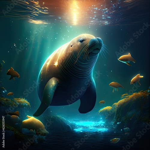 Sea lion in the sea. Underwater world. 3d render generative AI © artsakon