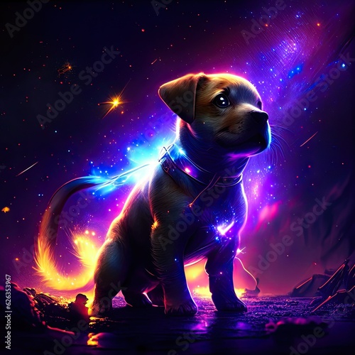 Labrador puppy on a background of a burning starry sky. AI Generated