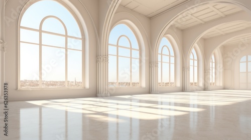 An empty room with a lot of windows. Digital image.