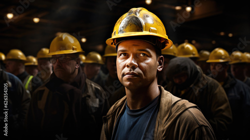 Portrait of a worker wearing a protective construction helmet.