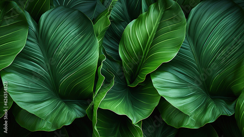 Green leaves on a wooden background. Generative Ai