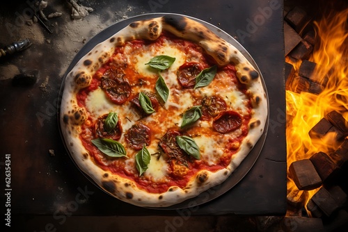 An overhead view of a delicious, freshly-made crusty margarita Neapolitan pizza with flames and fire next to them. Generative AI.