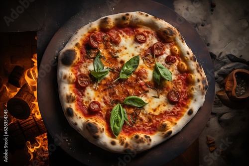An overhead view of a delicious, freshly-made crusty margarita Neapolitan pizza with flames and fire next to them. Generative AI.