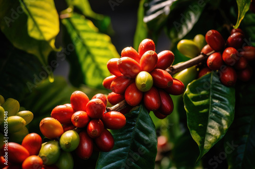 Red coffee beans on a branch close-up