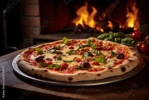 A delicious,  freshly-made crusty margarita pizza straight out of the rustic Italian oven fired in the background. Generative AI.  