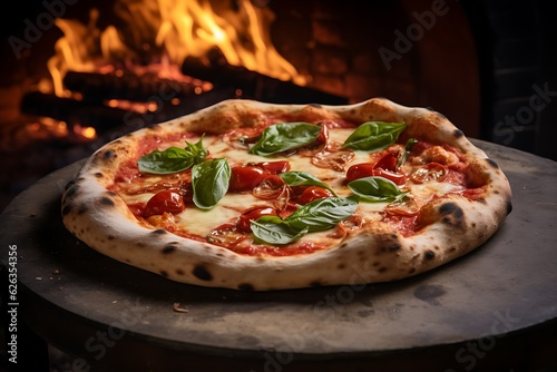A delicious,  freshly-made crusty margarita pizza straight out of the rustic Italian oven fired in the background. Generative AI.  
