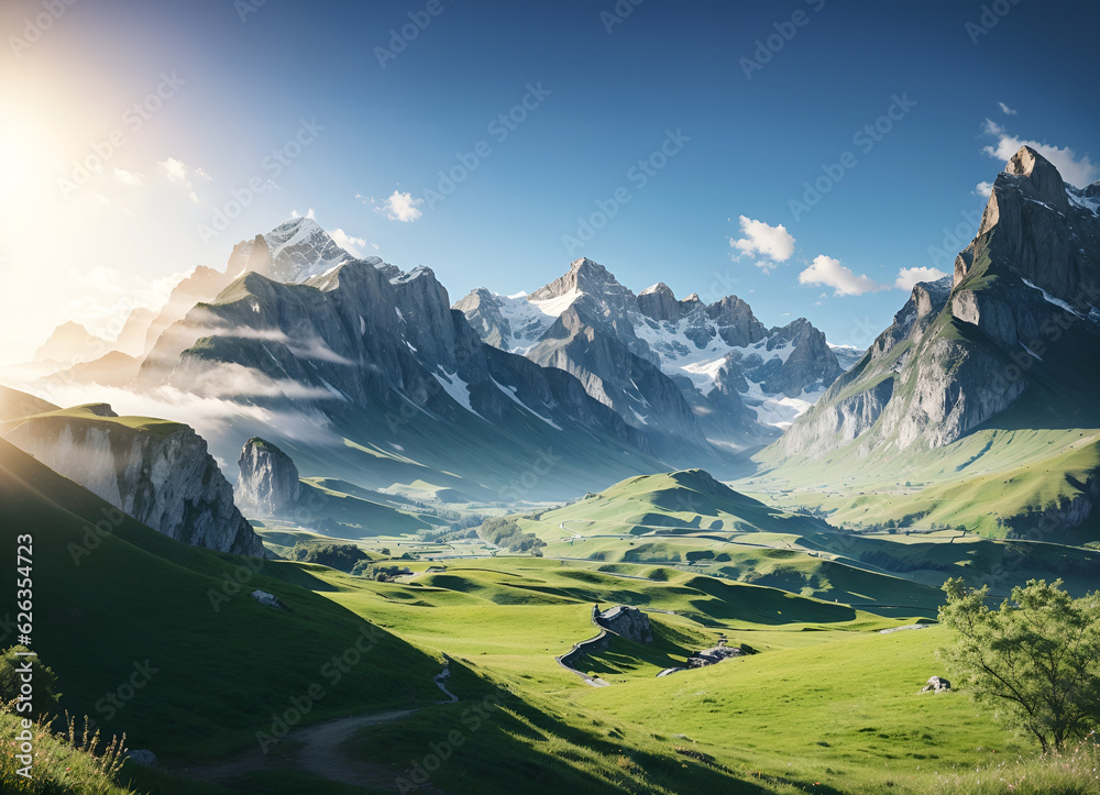 Beautiful natural landscape with green mountains hills trees sunlight and flowers