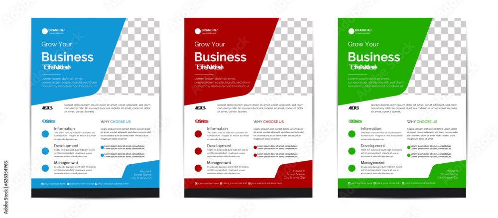 Business  template Flyer Design With with Blue, Red, or Yellow 