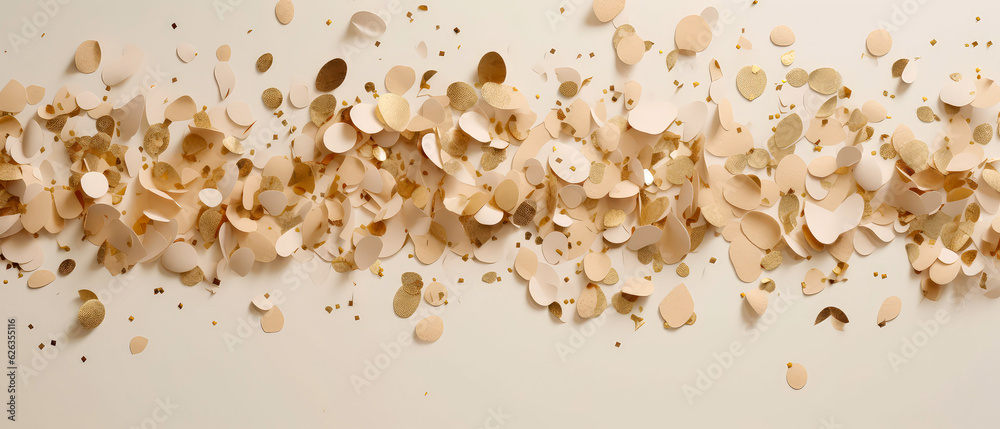 Fototapeta premium Beige confetti background. Female ronantic banner with particles, golden element.Confetti party.The eight of march.Top view. Flat lay.Place for text.Holidays celebration cover.Generative ai