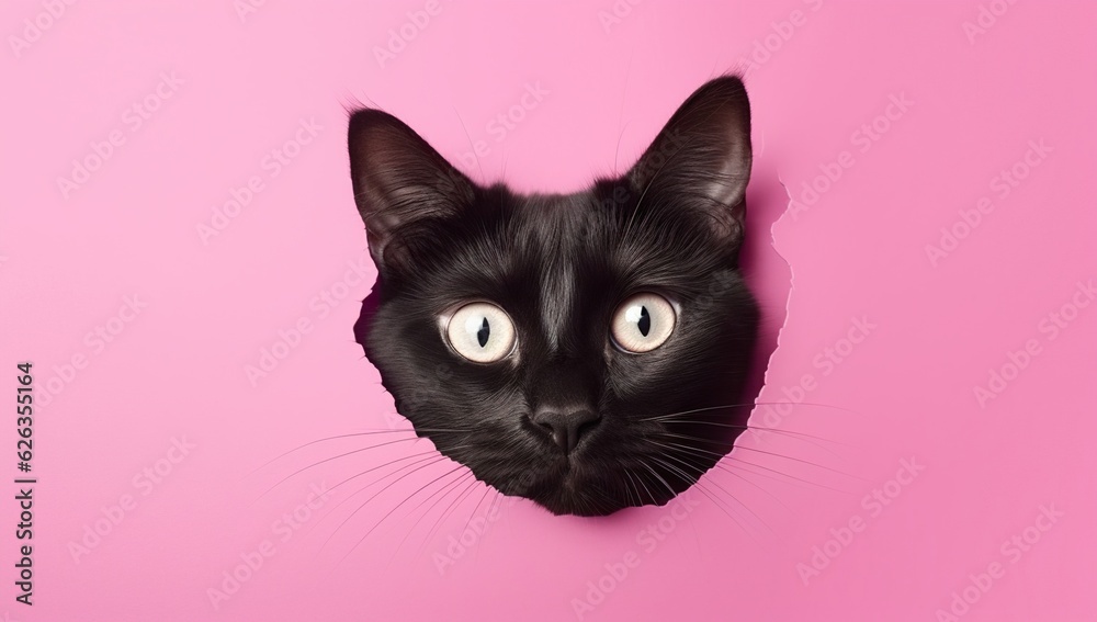 Funny black cat looks through ripped hole in pink paper backgroud. Peekaboo - Generative ai