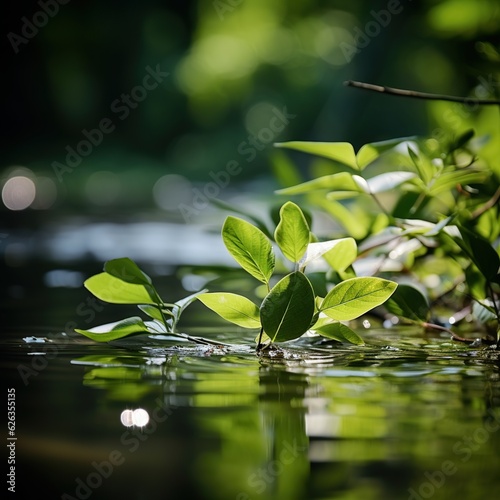 Tranquil Green Leaves Floating on Calm Water Surface - Generative ai