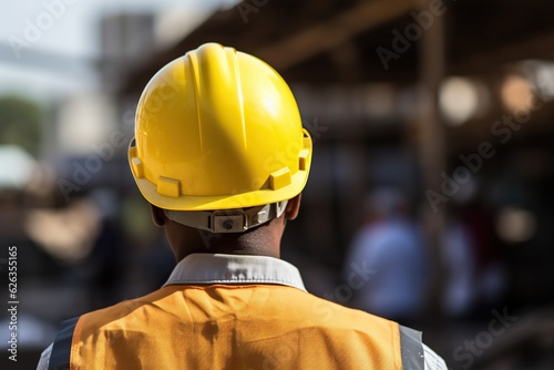 Construction Worker Wearing Fluorescent Vest and Helmet from Rear - Generative ai