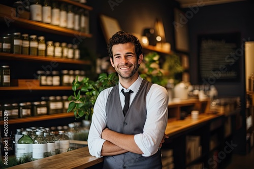 Smiling male employee in a tea store  business portrait  AI generated