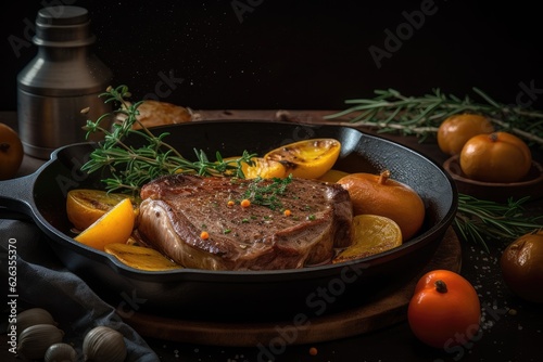Succulent grilled steak with potatoes and fresh vegetables., generative IA