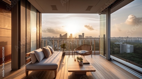 apartment condominium interior design living room and balcony terrace with background of urban city condominium room interior design background,ai generate