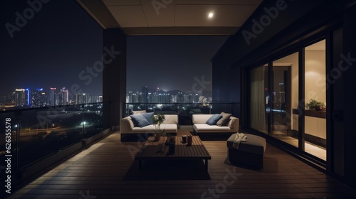 apartment condominium interior design living room and balcony terrace with background of urban city condominium room interior design background,ai generate