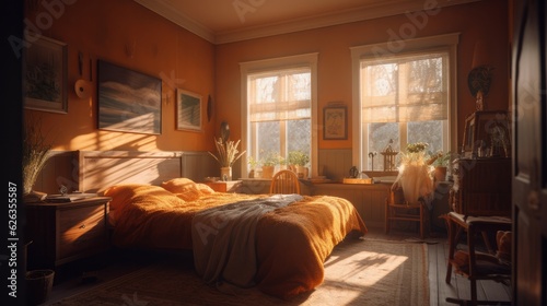 realistic 3d render generate bedroom interior homedesign ideas creaitve concept bedroom with sunset dramatic light from window with volumatic and fog light beautiful house background,ai generate