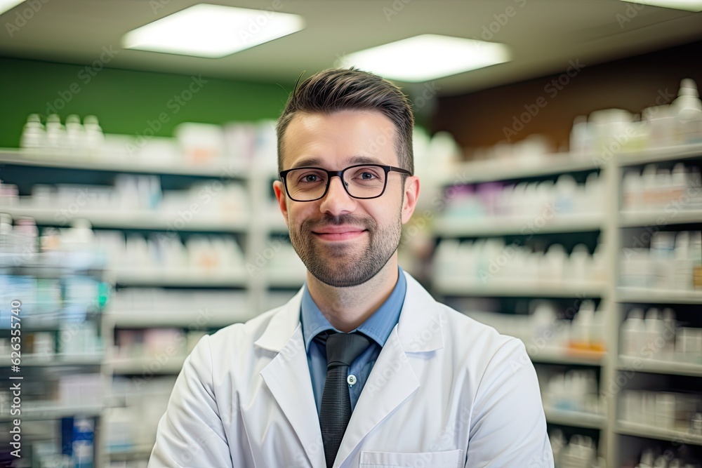 Friendly pharmacist, male employee in a pharmacy, Ai generated Friendly pharmacist, male employee in a pharmacy, Ai generated