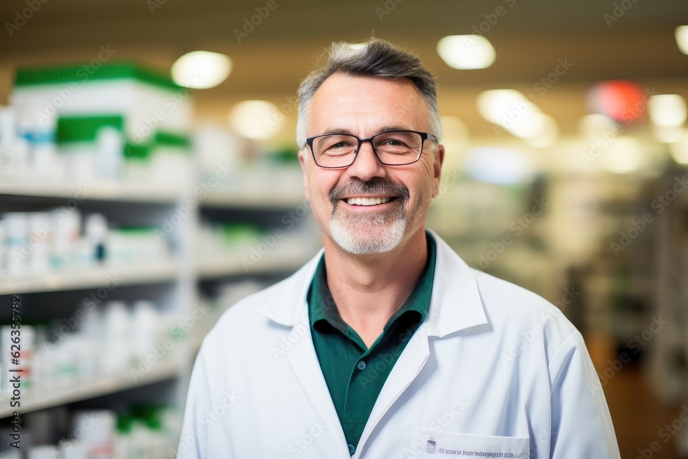 Portrait of a smiling pharmacist, Male employee in a pharmacy, Ai generated Portrait of a smiling pharmacist, Male employee in a pharmacy, Ai generated